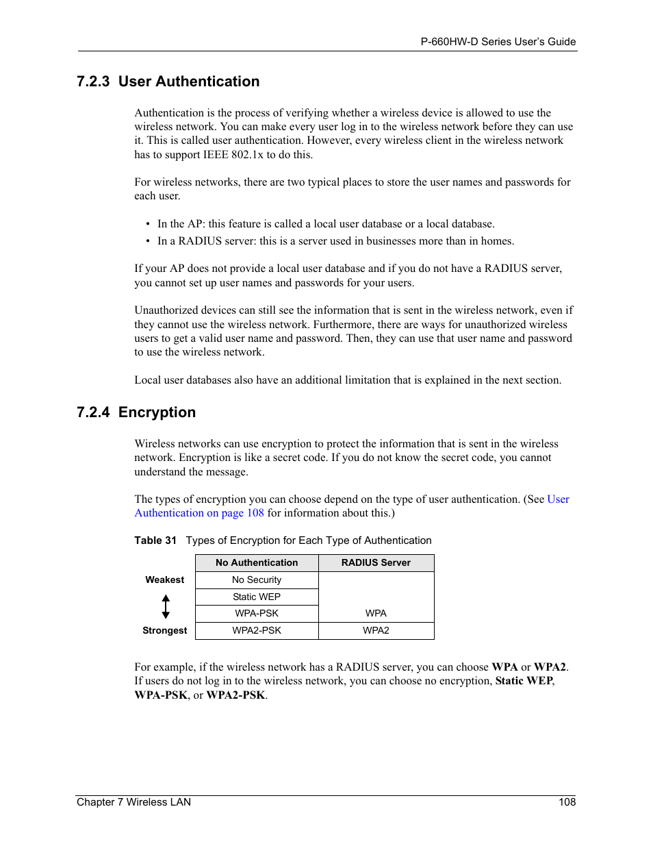 3 user authentication, 4 encryption, 3 user authentication 7.2.4 encryption | ZyXEL Communications P-660HW-D Series User Manual | Page 109 / 339