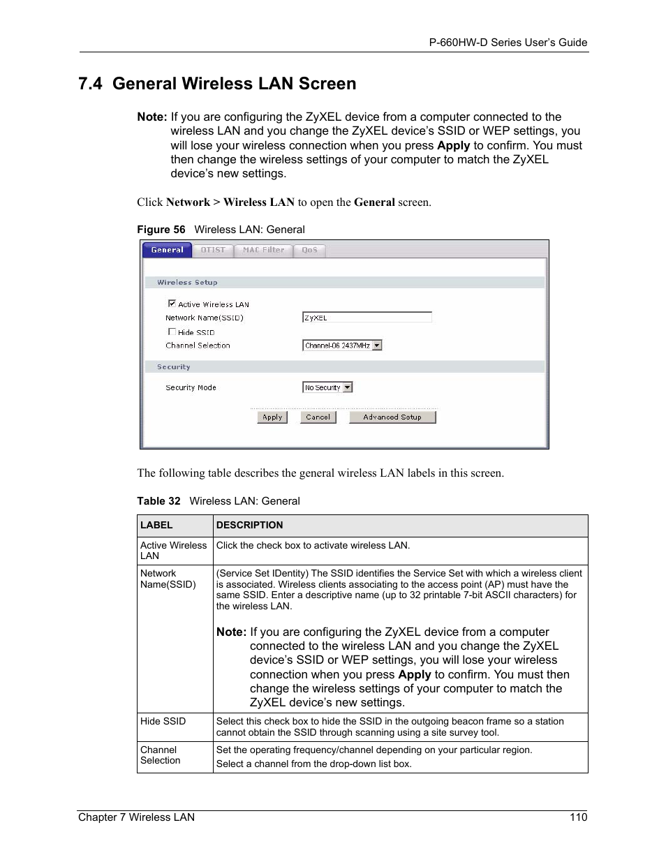 4 general wireless lan screen, Figure 56 wireless lan: general, Table 32 wireless lan: general | ZyXEL Communications P-660HW-D Series User Manual | Page 111 / 339