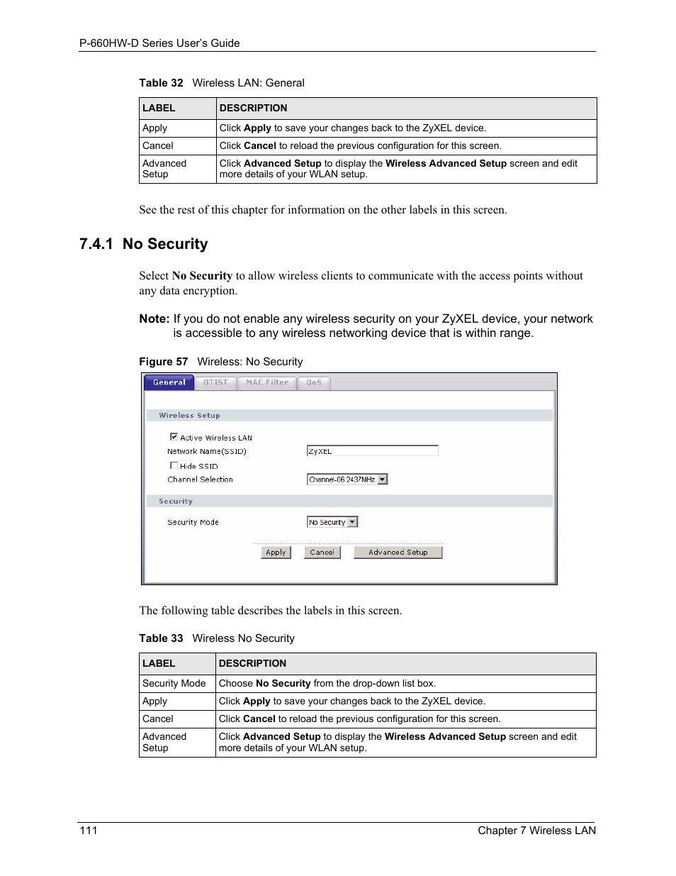 1 no security, Figure 57 wireless: no security, Table 33 wireless no security | ZyXEL Communications P-660HW-D Series User Manual | Page 112 / 339