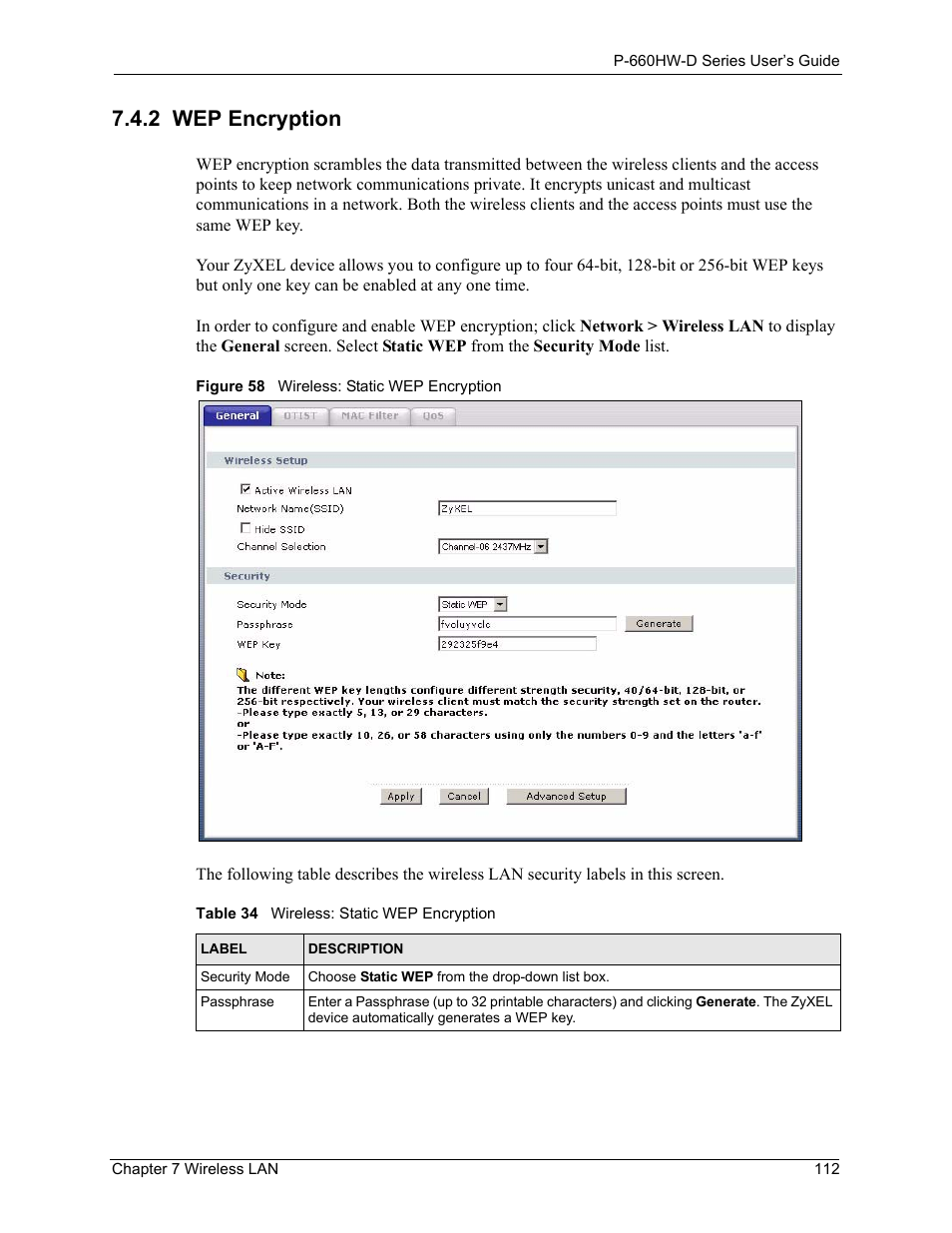 2 wep encryption, Figure 58 wireless: static wep encryption, Table 34 wireless: static wep encryption | ZyXEL Communications P-660HW-D Series User Manual | Page 113 / 339