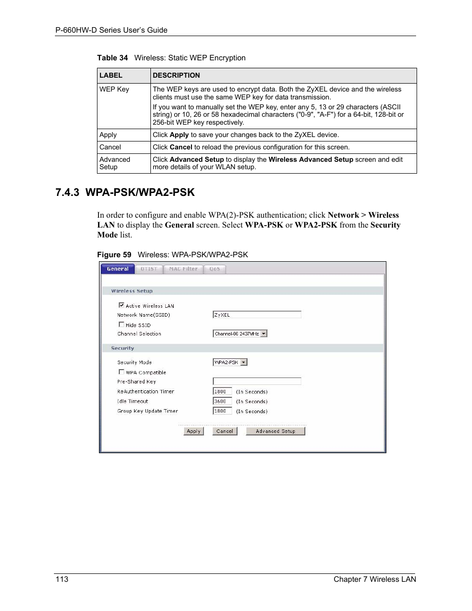 3 wpa-psk/wpa2-psk, Figure 59 wireless: wpa-psk/wpa2-psk | ZyXEL Communications P-660HW-D Series User Manual | Page 114 / 339