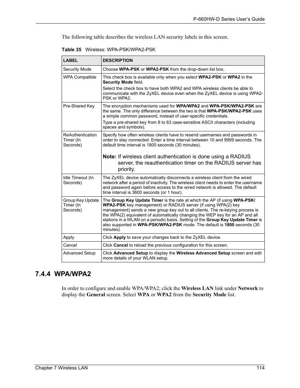 4 wpa/wpa2, Table 35 wireless: wpa-psk/wpa2-psk | ZyXEL Communications P-660HW-D Series User Manual | Page 115 / 339