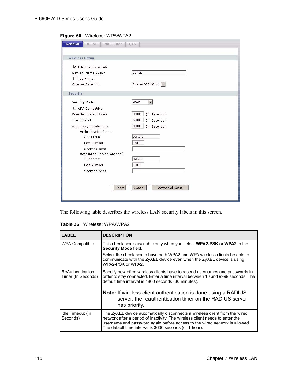 Figure 60 wireless: wpa/wpa2, Table 36 wireless: wpa/wpa2 | ZyXEL Communications P-660HW-D Series User Manual | Page 116 / 339