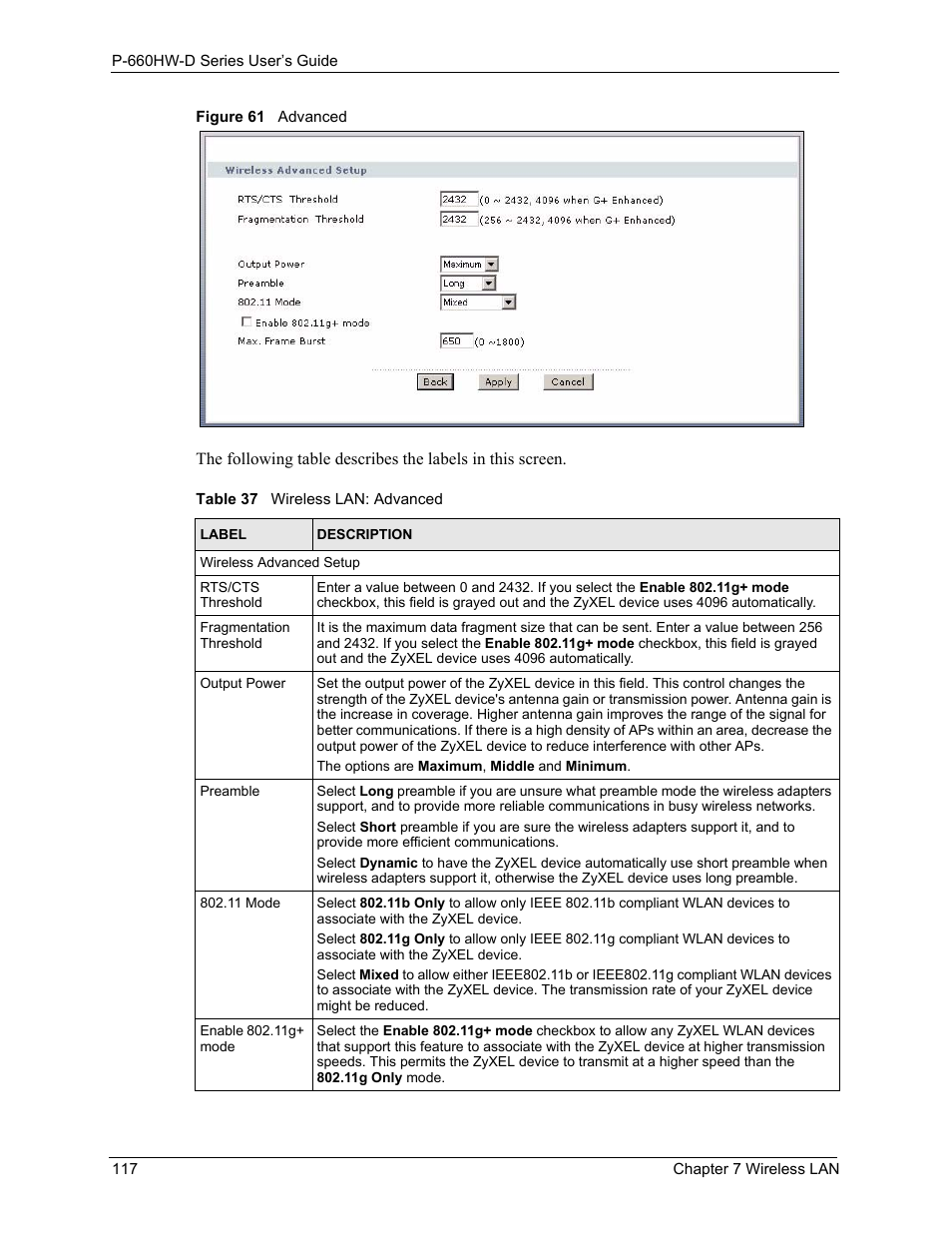 Figure 61 advanced, Table 37 wireless lan: advanced | ZyXEL Communications P-660HW-D Series User Manual | Page 118 / 339