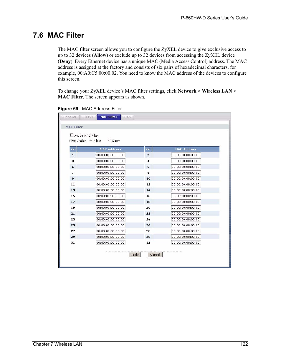 6 mac filter, Figure 69 mac address filter | ZyXEL Communications P-660HW-D Series User Manual | Page 123 / 339