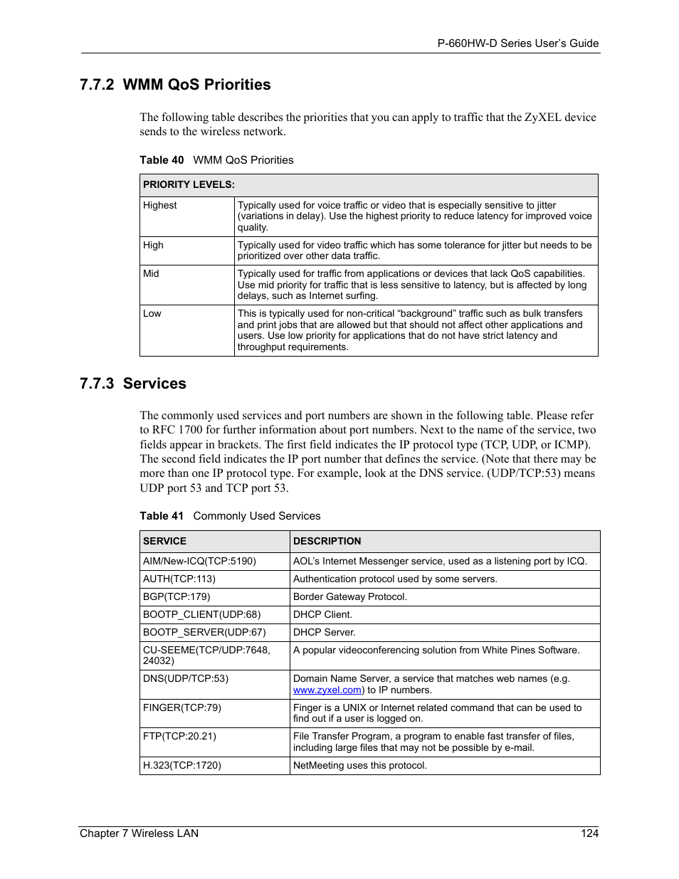 2 wmm qos priorities, 3 services, 2 wmm qos priorities 7.7.3 services | ZyXEL Communications P-660HW-D Series User Manual | Page 125 / 339