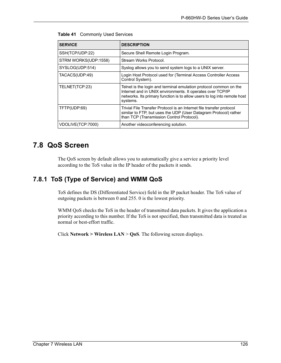 8 qos screen, 1 tos (type of service) and wmm qos | ZyXEL Communications P-660HW-D Series User Manual | Page 127 / 339