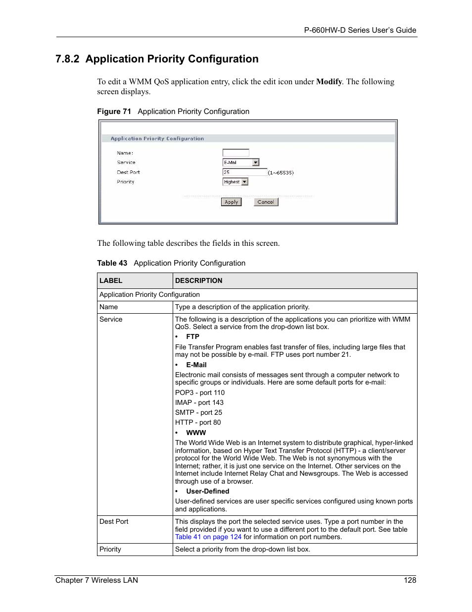 2 application priority configuration, Figure 71 application priority configuration, Table 43 application priority configuration | ZyXEL Communications P-660HW-D Series User Manual | Page 129 / 339
