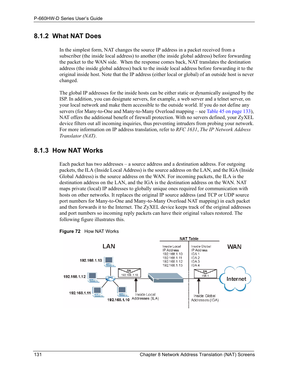 2 what nat does, 3 how nat works, 2 what nat does 8.1.3 how nat works | Figure 72 how nat works | ZyXEL Communications P-660HW-D Series User Manual | Page 132 / 339