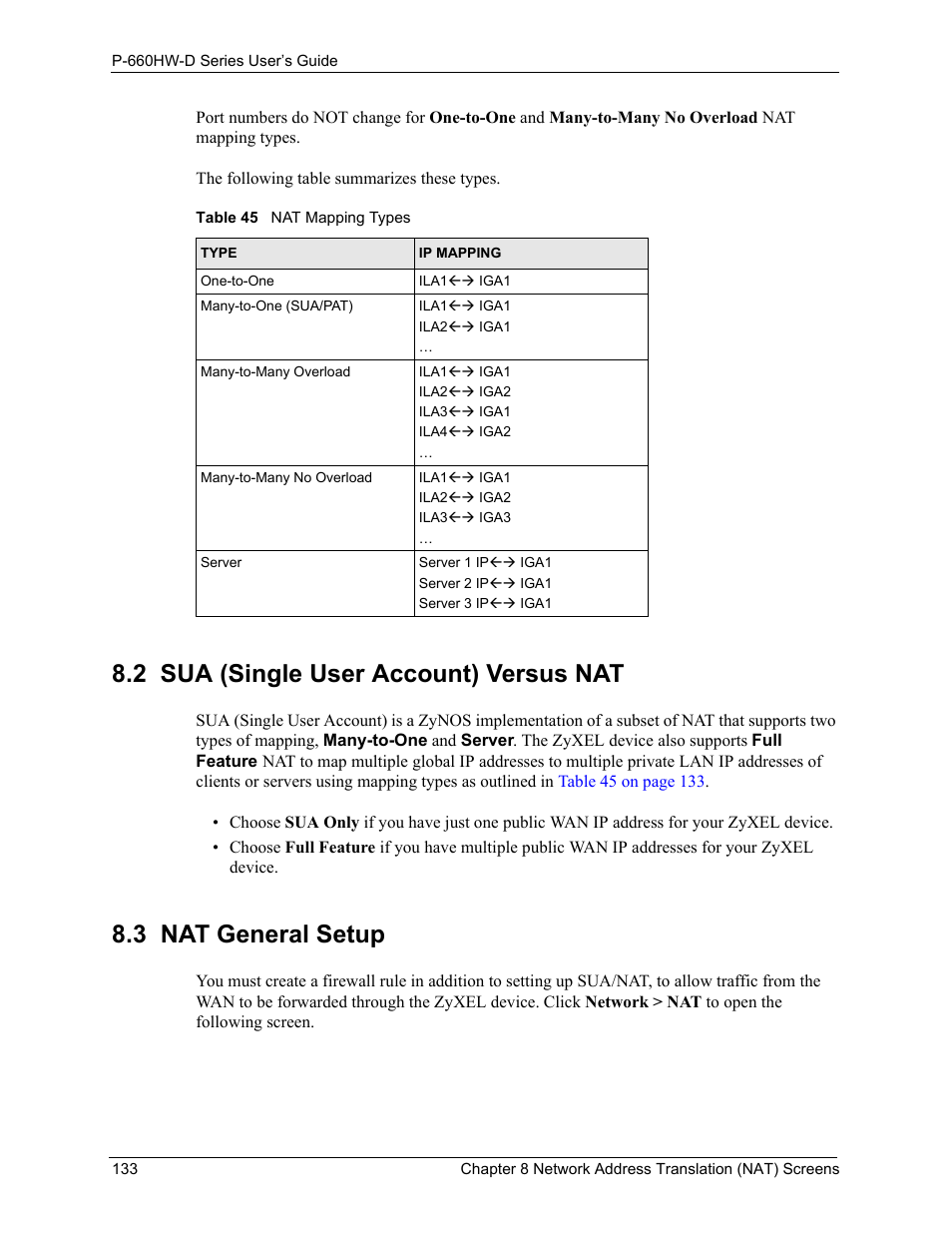 2 sua (single user account) versus nat, 3 nat general setup, Table 45 nat mapping types | ZyXEL Communications P-660HW-D Series User Manual | Page 134 / 339