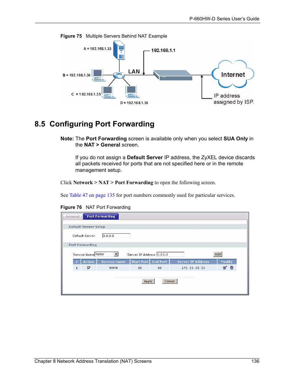 5 configuring port forwarding | ZyXEL Communications P-660HW-D Series User Manual | Page 137 / 339