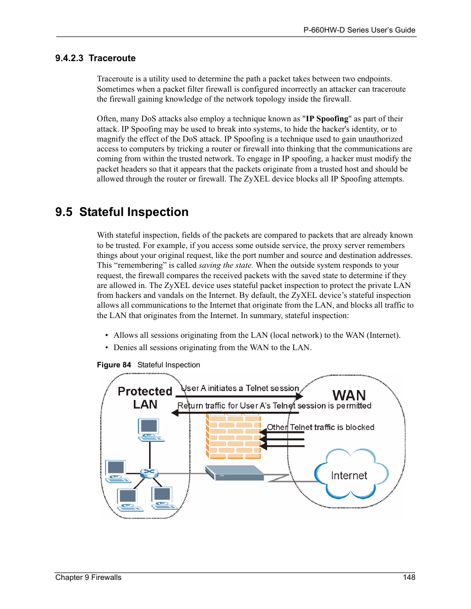 3 traceroute, 5 stateful inspection, Figure 84 stateful inspection | ZyXEL Communications P-660HW-D Series User Manual | Page 149 / 339