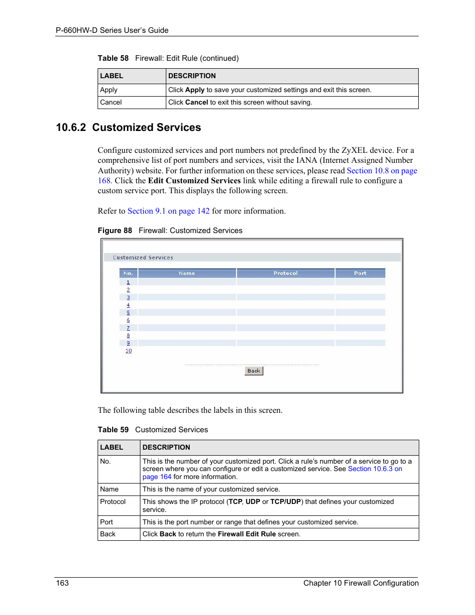 2 customized services, Figure 88 firewall: customized services, Table 59 customized services | Refer to | ZyXEL Communications P-660HW-D Series User Manual | Page 164 / 339
