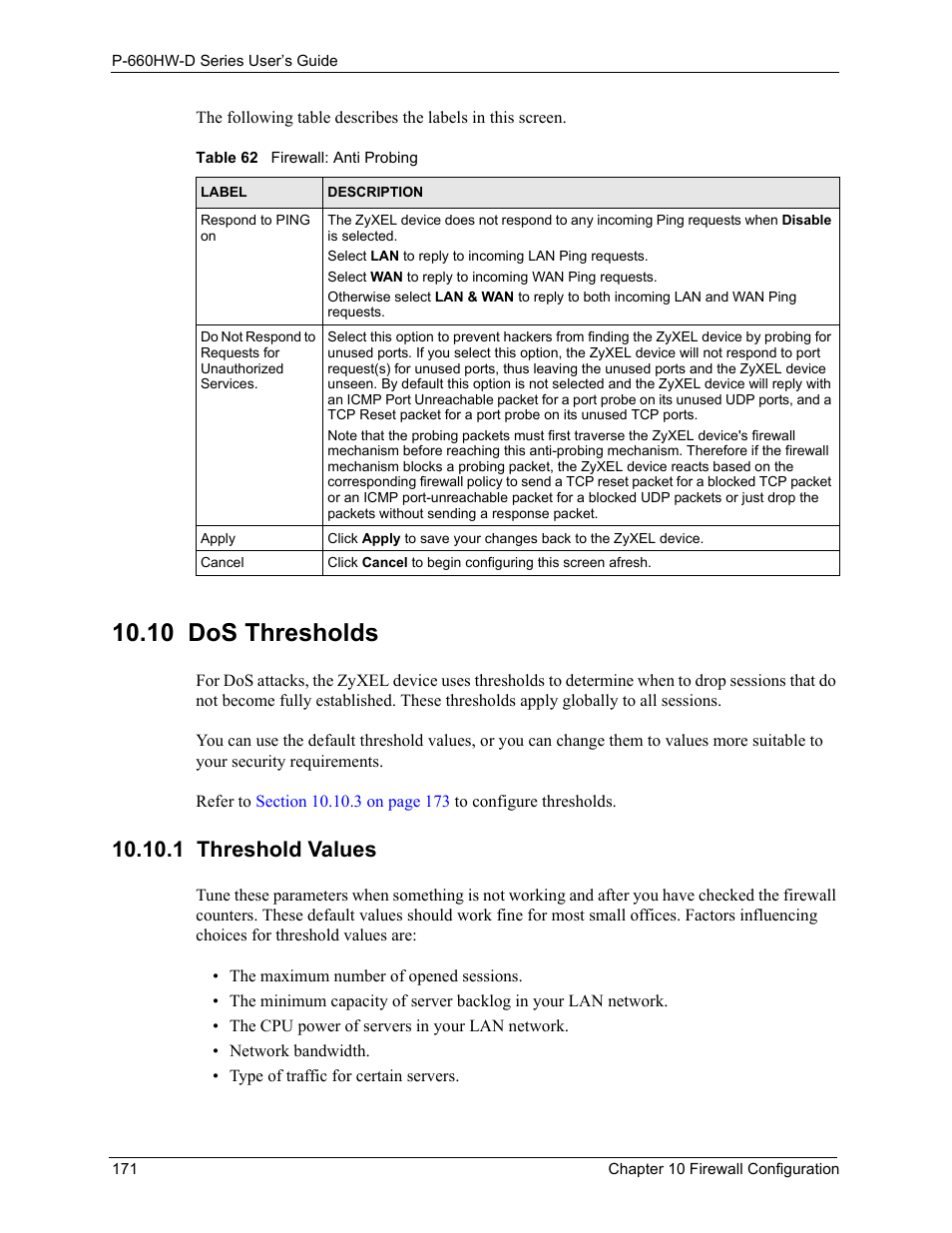 10 dos thresholds, 1 threshold values, Table 62 firewall: anti probing | ZyXEL Communications P-660HW-D Series User Manual | Page 172 / 339