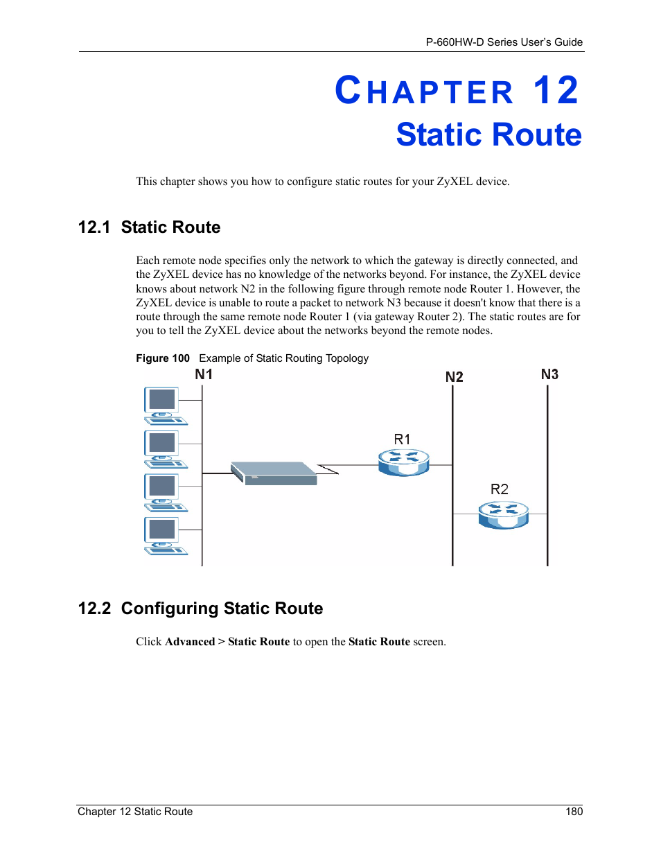 Static route, 1 static route, 2 configuring static route | Chapter 12 static route, 1 static route 12.2 configuring static route, Figure 100 example of static routing topology | ZyXEL Communications P-660HW-D Series User Manual | Page 181 / 339