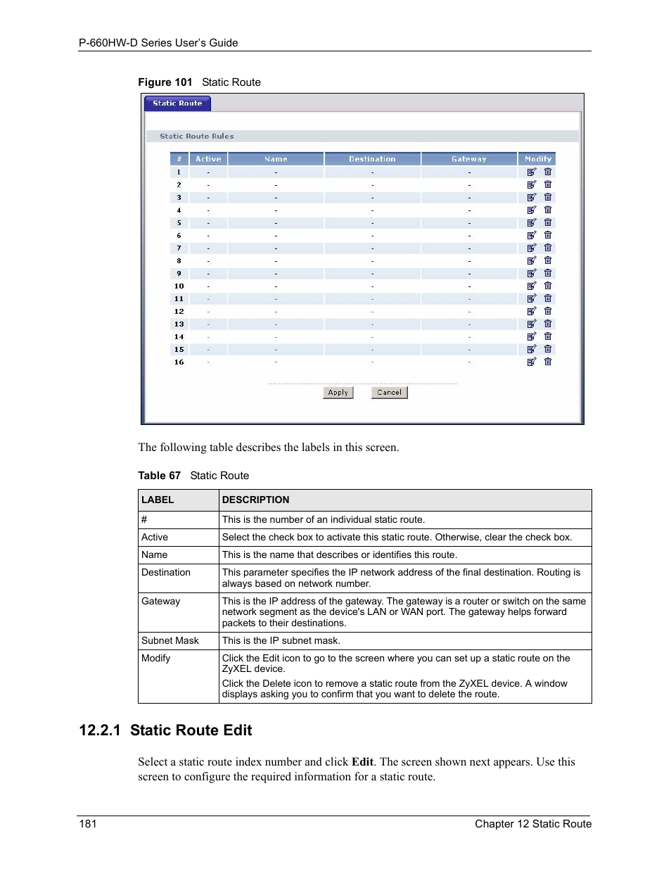 1 static route edit, Figure 101 static route, Table 67 static route | ZyXEL Communications P-660HW-D Series User Manual | Page 182 / 339