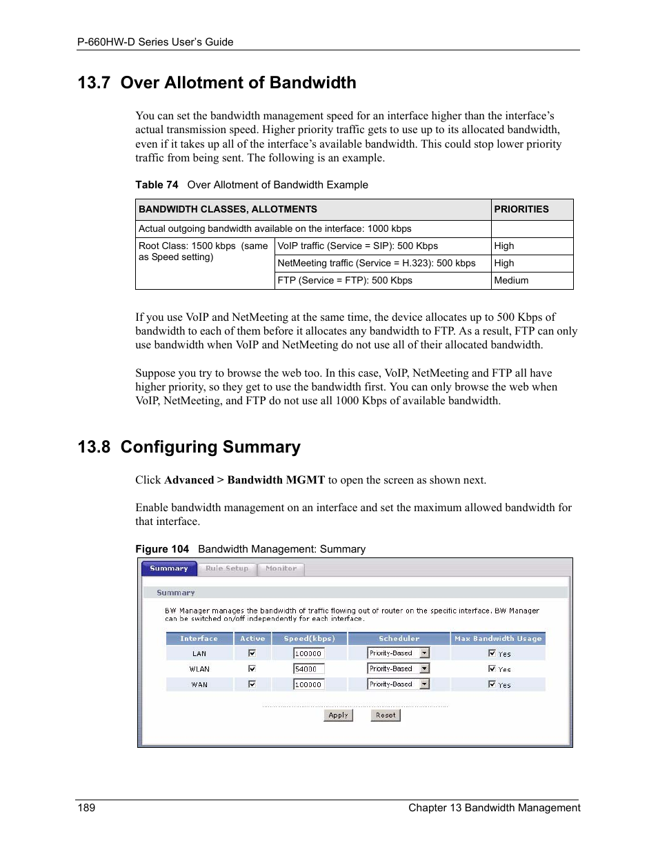 7 over allotment of bandwidth, 8 configuring summary, Figure 104 bandwidth management: summary | Table 74 over allotment of bandwidth example | ZyXEL Communications P-660HW-D Series User Manual | Page 190 / 339