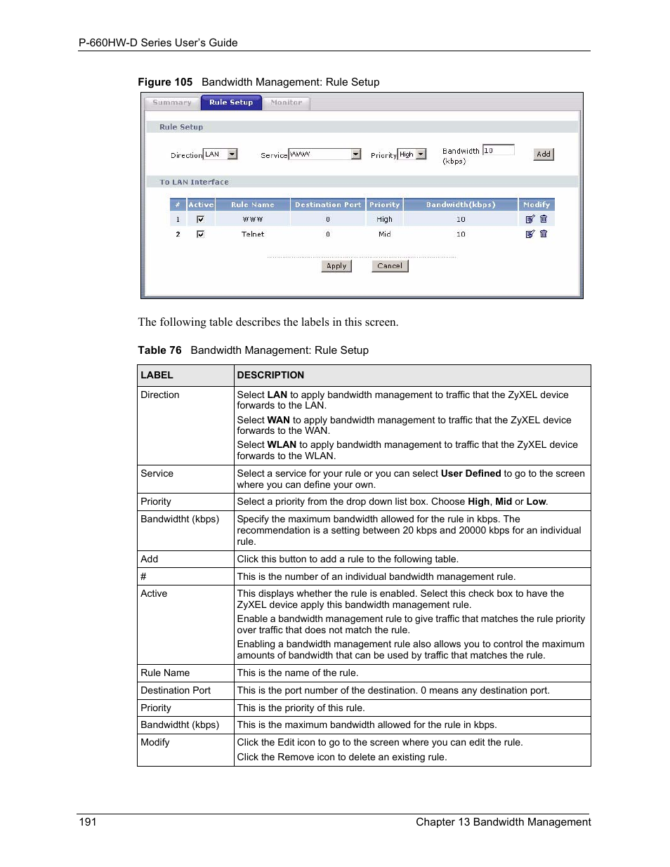 Figure 105 bandwidth management: rule setup, Table 76 bandwidth management: rule setup | ZyXEL Communications P-660HW-D Series User Manual | Page 192 / 339