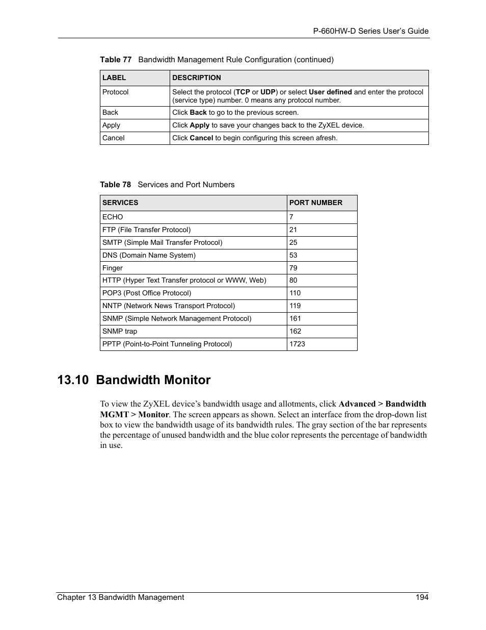 10 bandwidth monitor, Table 78 services and port numbers, Ation. see | ZyXEL Communications P-660HW-D Series User Manual | Page 195 / 339