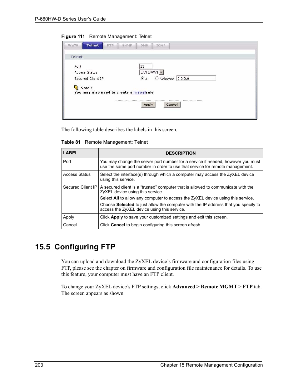 5 configuring ftp, Figure 111 remote management: telnet, Table 81 remote management: telnet | ZyXEL Communications P-660HW-D Series User Manual | Page 204 / 339