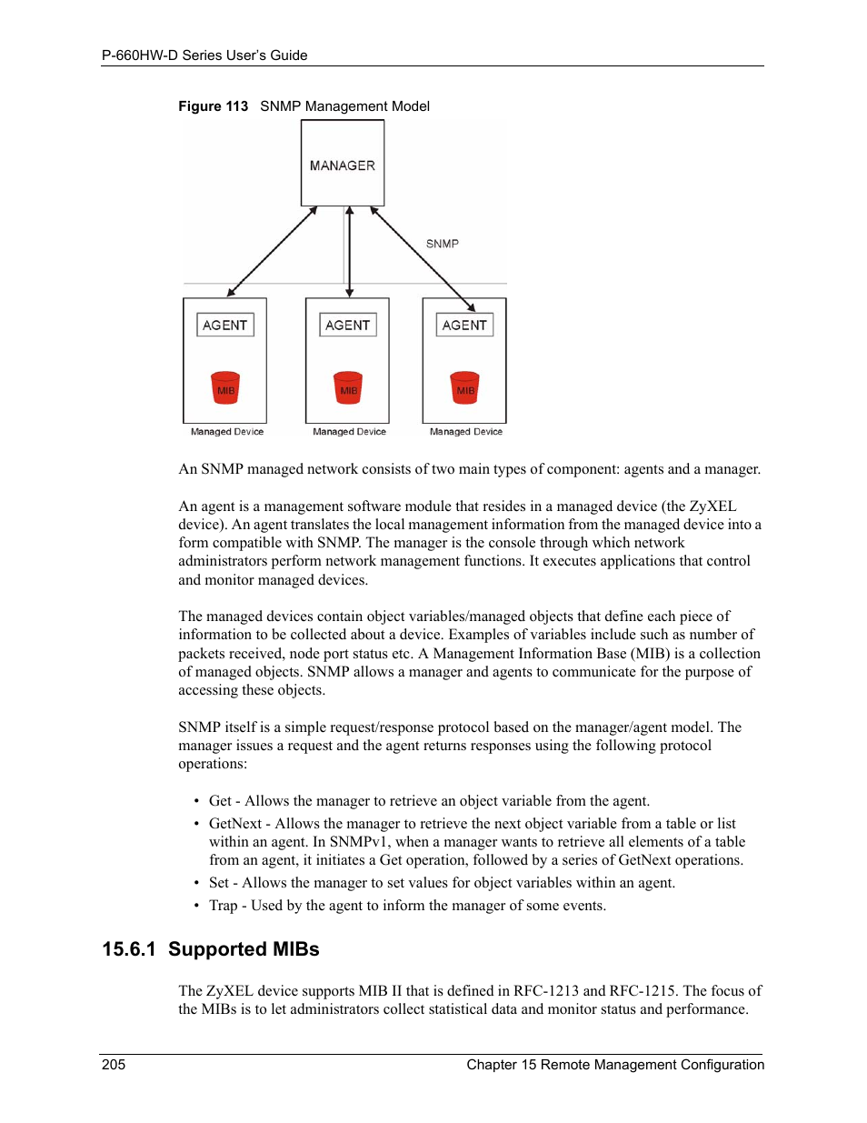 1 supported mibs, Figure 113 snmp management model | ZyXEL Communications P-660HW-D Series User Manual | Page 206 / 339