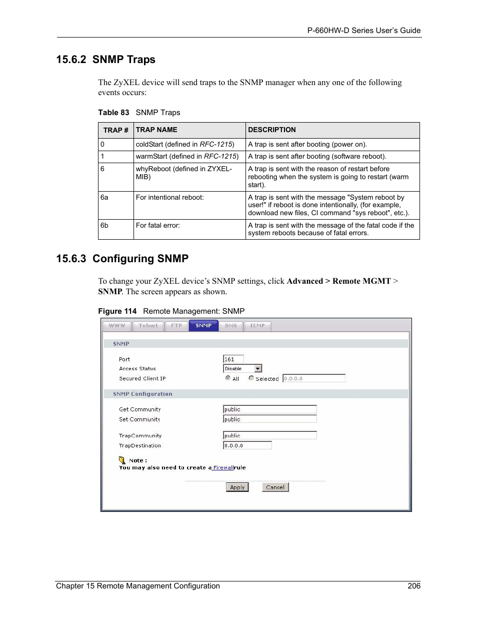 2 snmp traps, 3 configuring snmp, 2 snmp traps 15.6.3 configuring snmp | Figure 114 remote management: snmp, Table 83 snmp traps | ZyXEL Communications P-660HW-D Series User Manual | Page 207 / 339