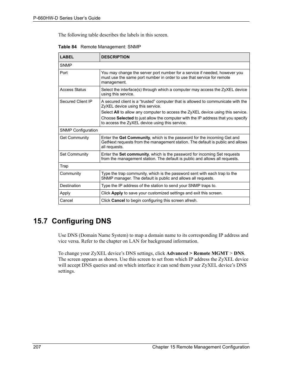 7 configuring dns, Table 84 remote management: snmp | ZyXEL Communications P-660HW-D Series User Manual | Page 208 / 339