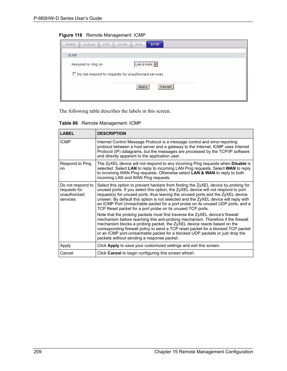 Figure 116 remote management: icmp, Table 86 remote management: icmp | ZyXEL Communications P-660HW-D Series User Manual | Page 210 / 339