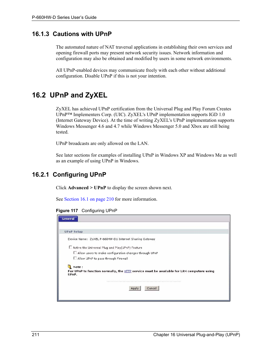 3 cautions with upnp, 2 upnp and zyxel, 1 configuring upnp | Figure 117 configuring upnp | ZyXEL Communications P-660HW-D Series User Manual | Page 212 / 339