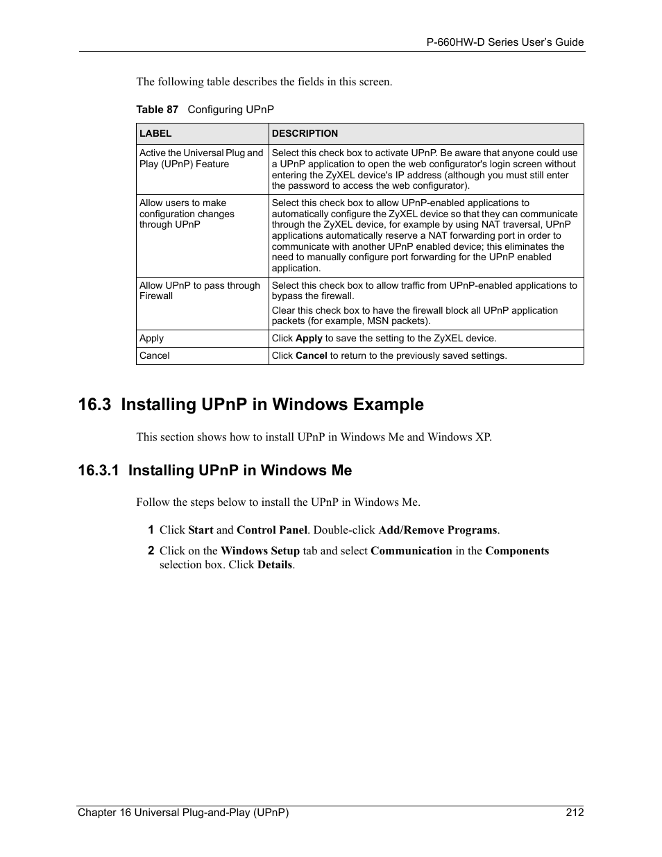 3 installing upnp in windows example, 1 installing upnp in windows me, Table 87 configuring upnp | ZyXEL Communications P-660HW-D Series User Manual | Page 213 / 339
