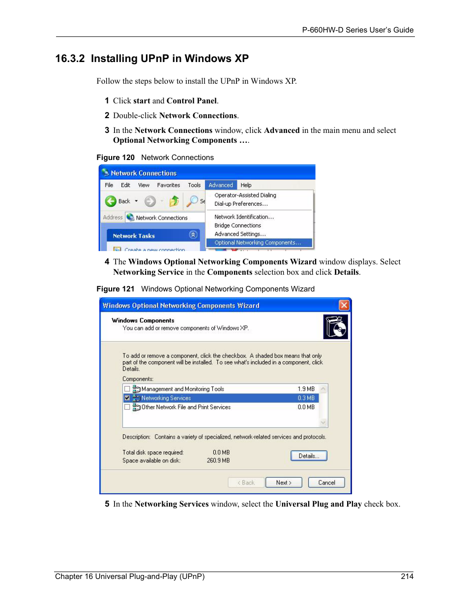 2 installing upnp in windows xp | ZyXEL Communications P-660HW-D Series User Manual | Page 215 / 339