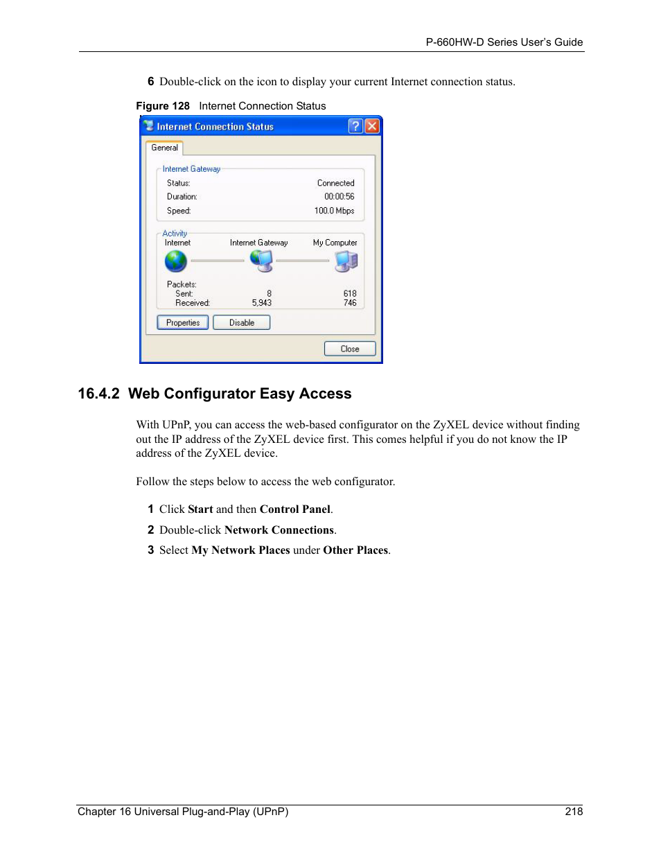 2 web configurator easy access, Figure 128 internet connection status | ZyXEL Communications P-660HW-D Series User Manual | Page 219 / 339