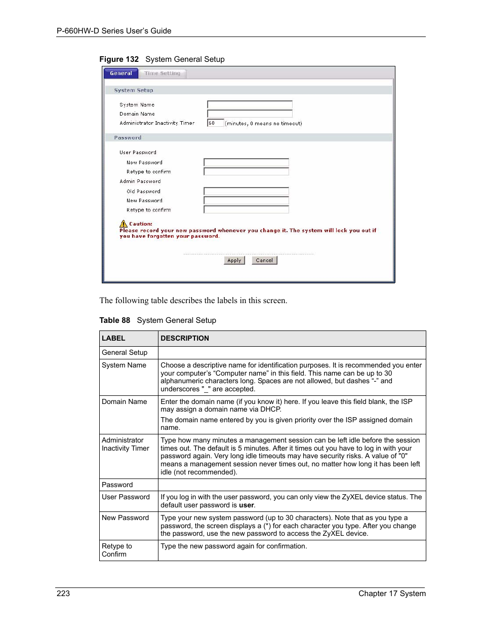Figure 132 system general setup, Table 88 system general setup | ZyXEL Communications P-660HW-D Series User Manual | Page 224 / 339