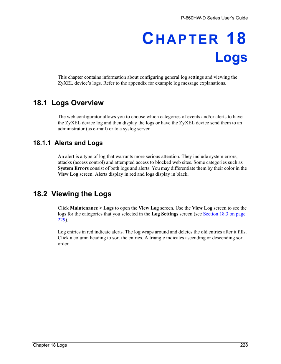 Logs, 1 logs overview, 1 alerts and logs | 2 viewing the logs, Chapter 18 logs | ZyXEL Communications P-660HW-D Series User Manual | Page 229 / 339