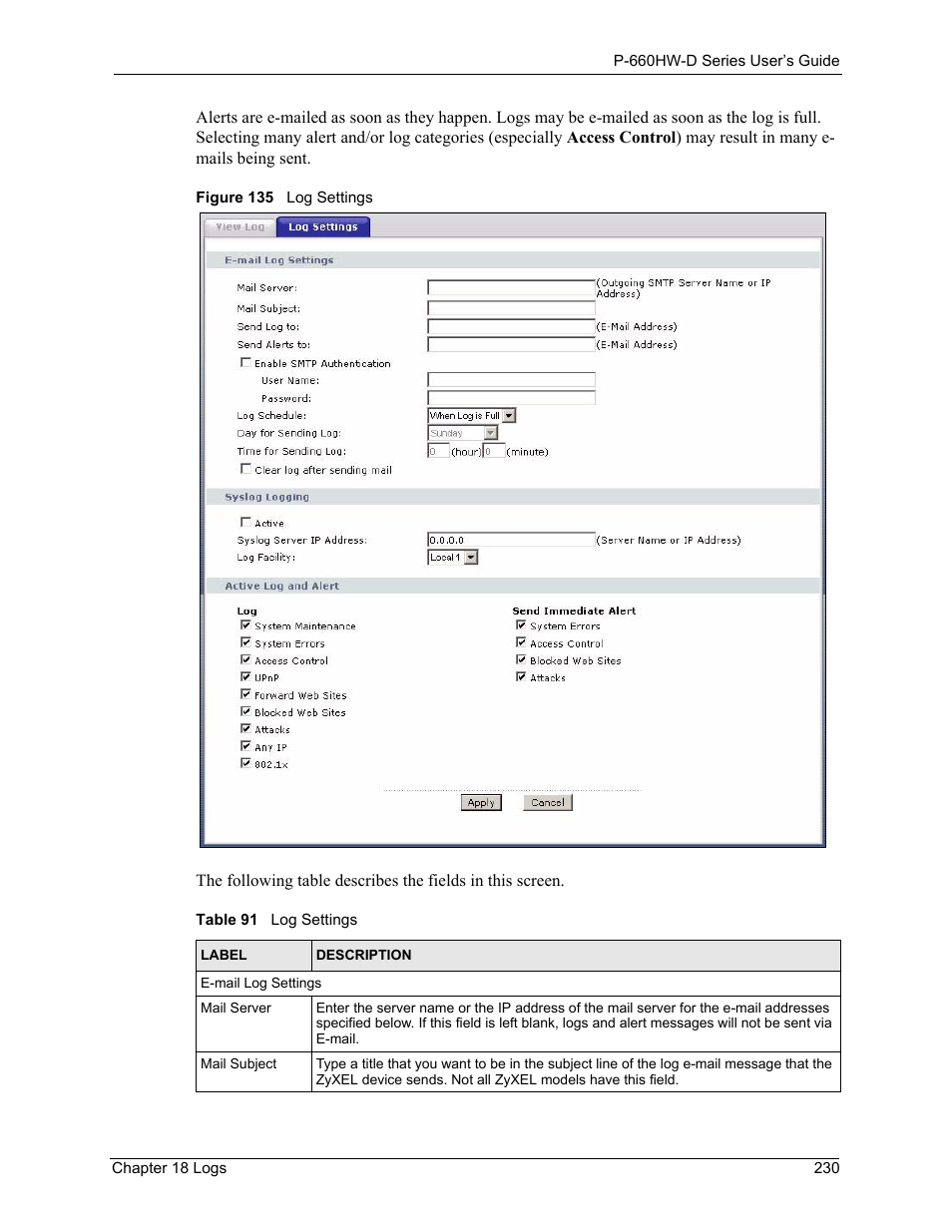 Figure 135 log settings, Table 91 log settings | ZyXEL Communications P-660HW-D Series User Manual | Page 231 / 339