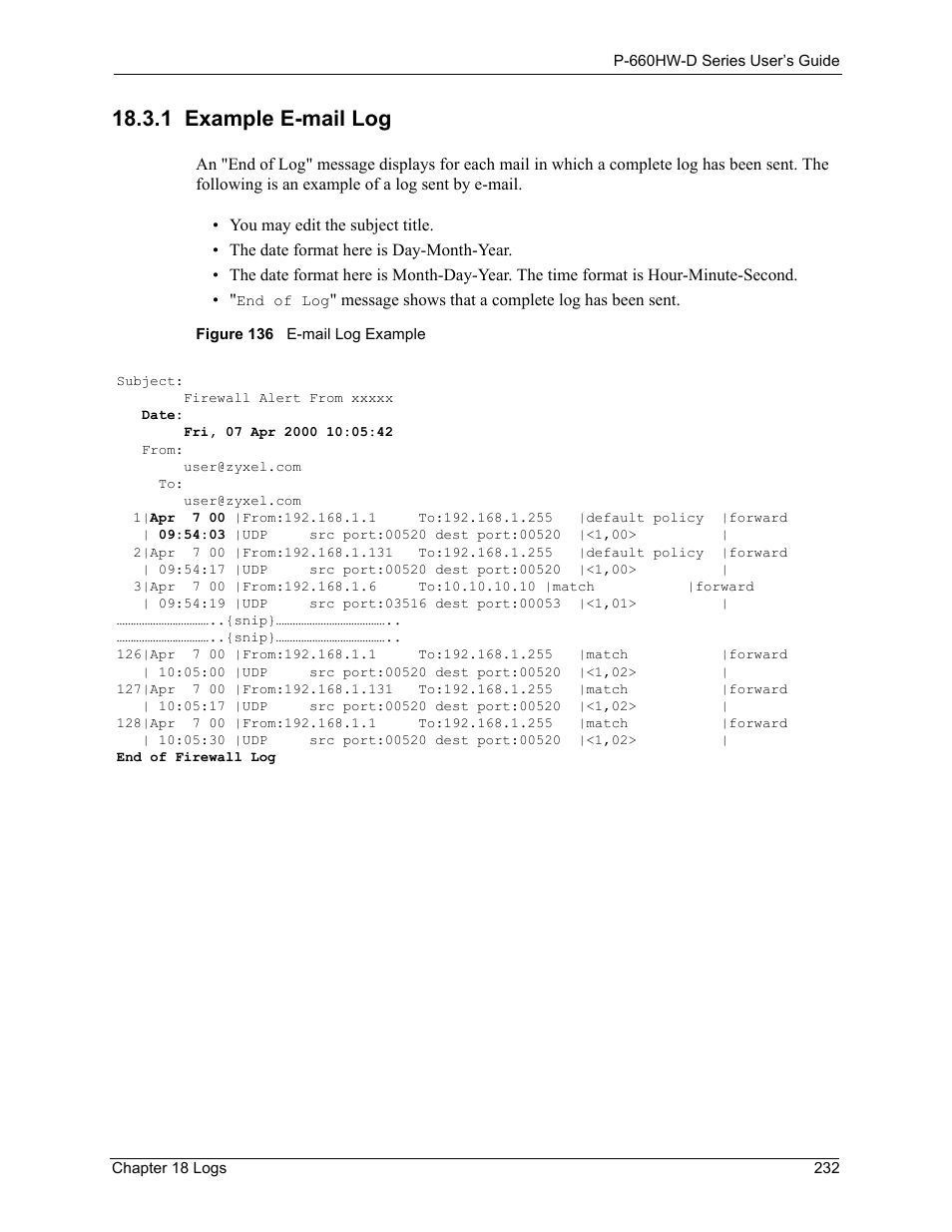 1 example e-mail log, Figure 136 e-mail log example | ZyXEL Communications P-660HW-D Series User Manual | Page 233 / 339
