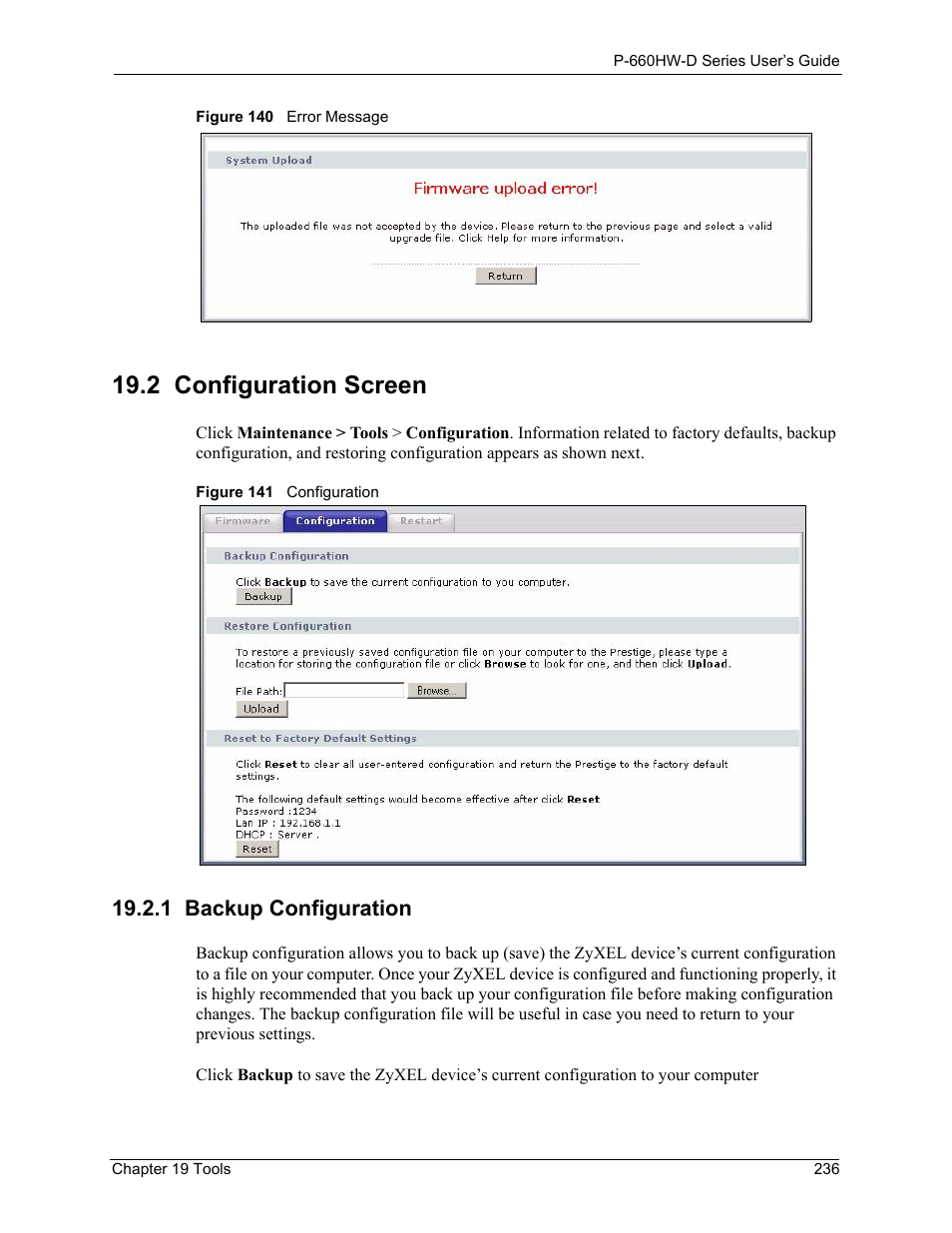 2 configuration screen, 1 backup configuration, Figure 140 error message figure 141 configuration | ZyXEL Communications P-660HW-D Series User Manual | Page 237 / 339