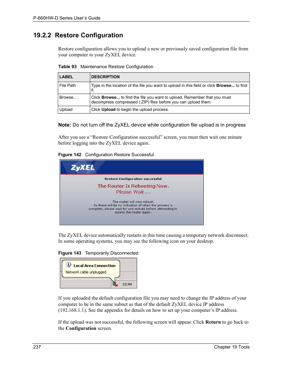 2 restore configuration, Table 93 maintenance restore configuration | ZyXEL Communications P-660HW-D Series User Manual | Page 238 / 339