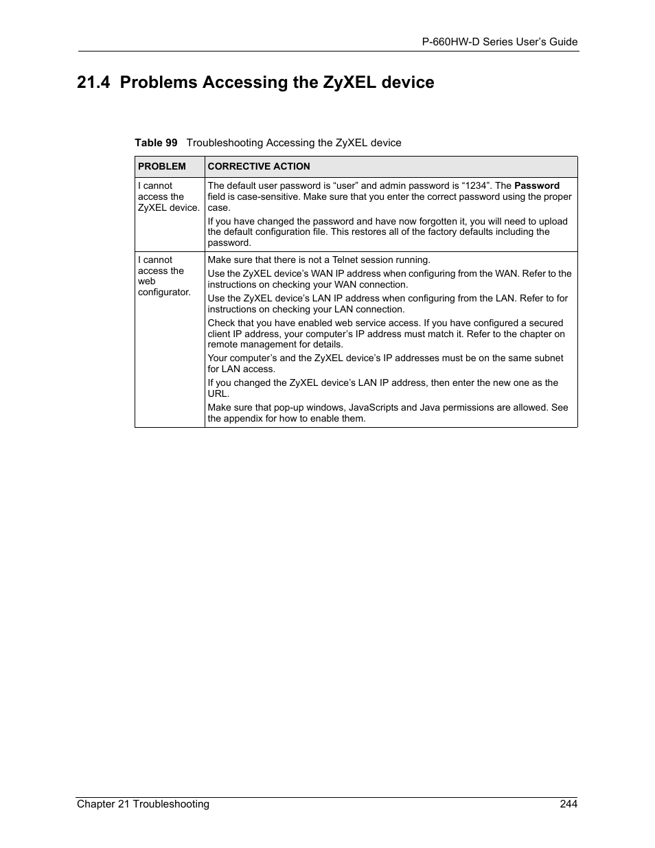 4 problems accessing the zyxel device | ZyXEL Communications P-660HW-D Series User Manual | Page 245 / 339