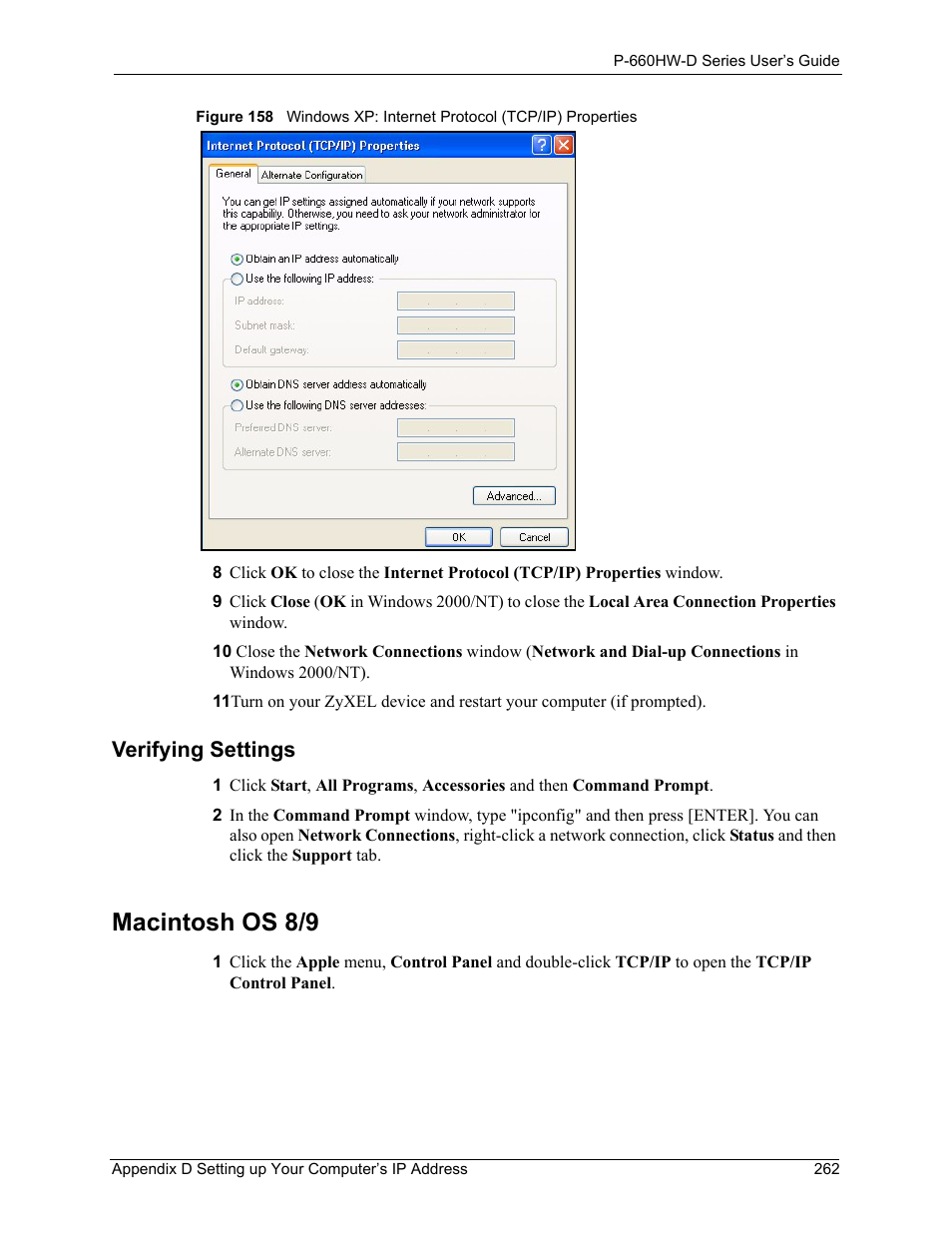 Macintosh os 8/9, Verifying settings | ZyXEL Communications P-660HW-D Series User Manual | Page 263 / 339