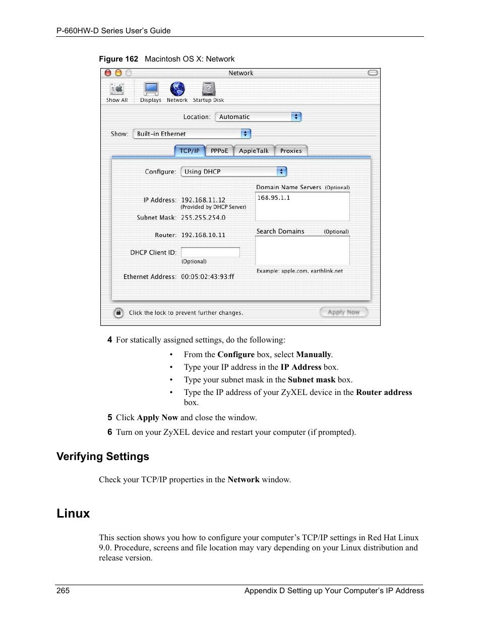 Linux, Figure 162 macintosh os x: network, Verifying settings | ZyXEL Communications P-660HW-D Series User Manual | Page 266 / 339