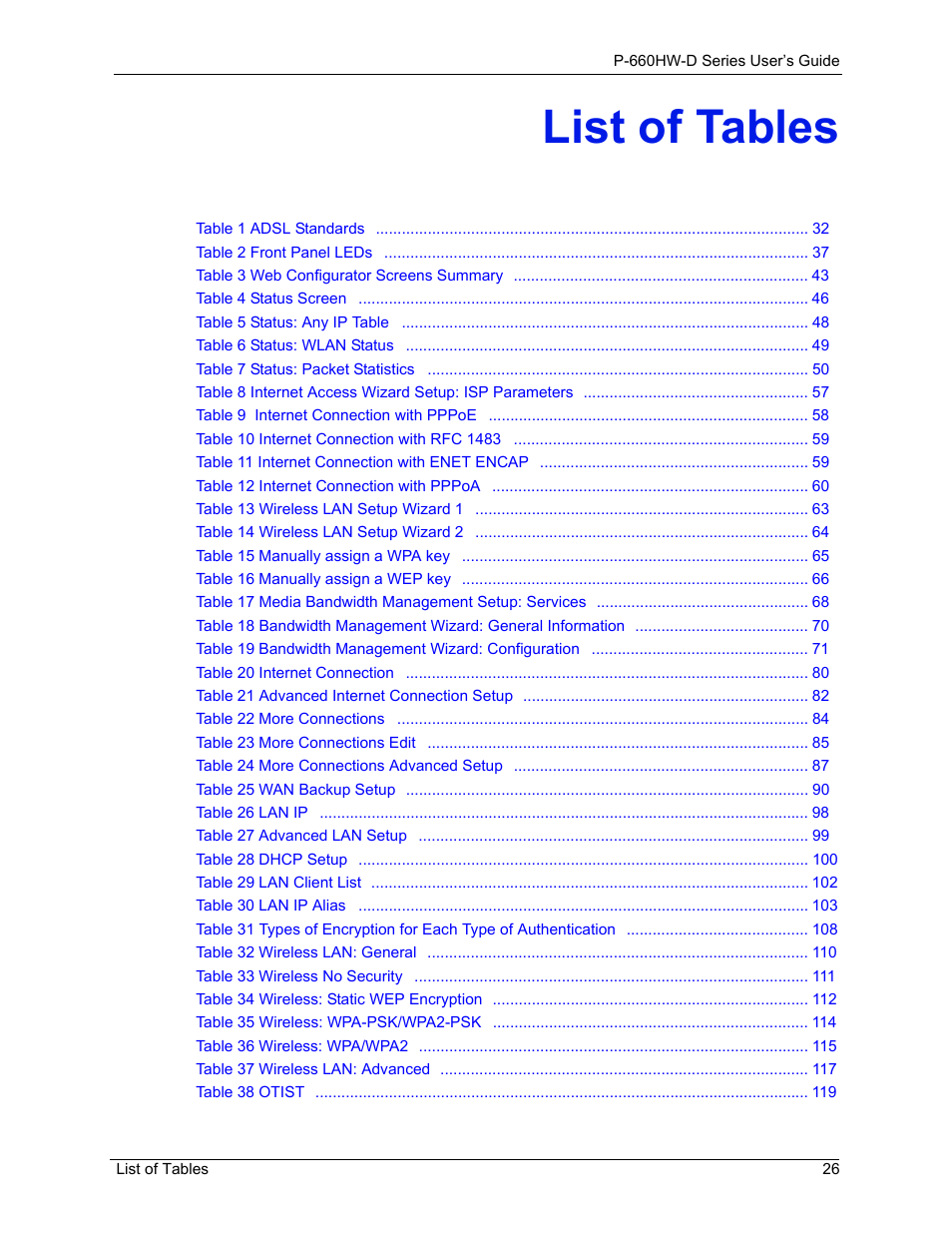 List of tables | ZyXEL Communications P-660HW-D Series User Manual | Page 27 / 339