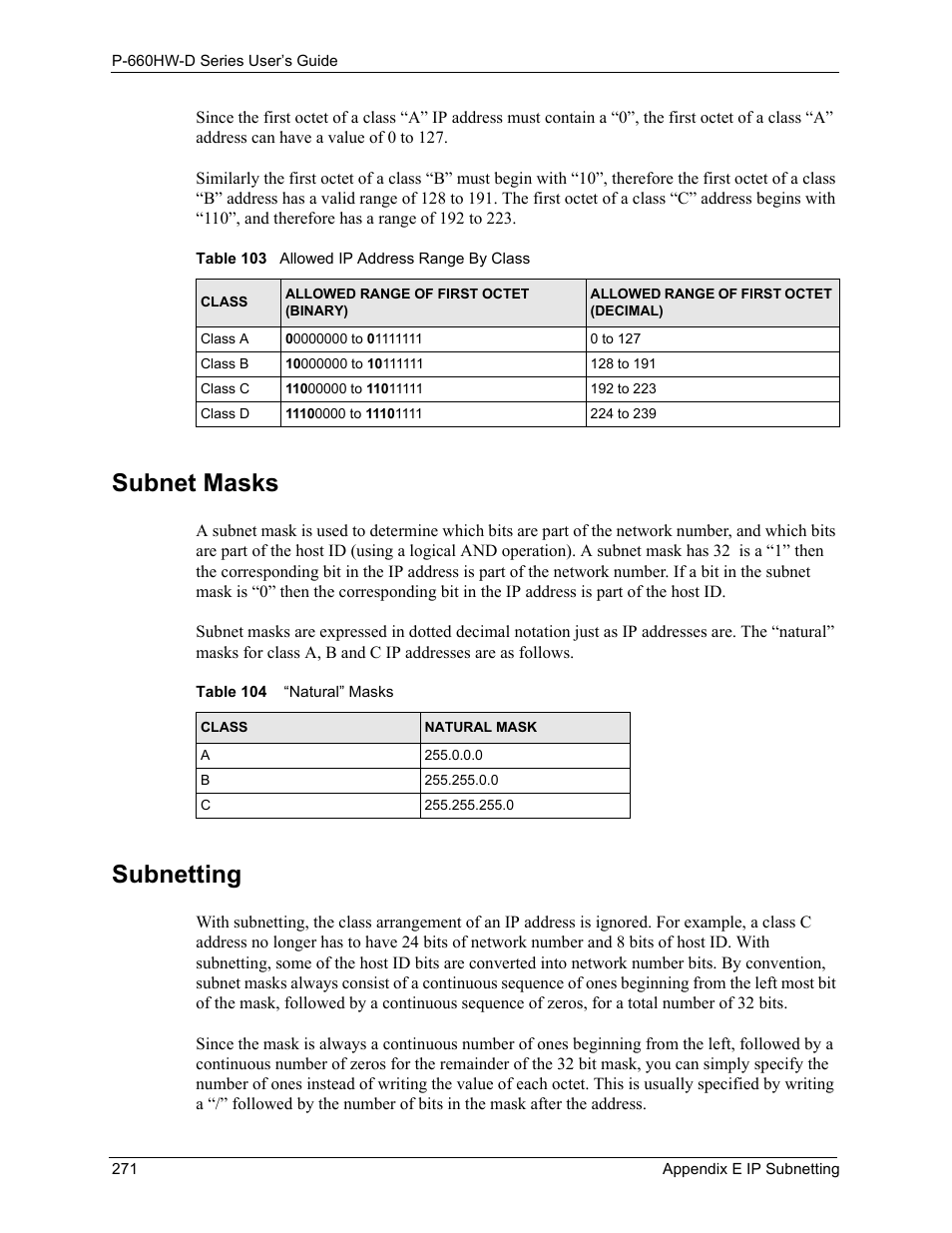 Subnet masks subnetting, Subnet masks, Subnetting | ZyXEL Communications P-660HW-D Series User Manual | Page 272 / 339