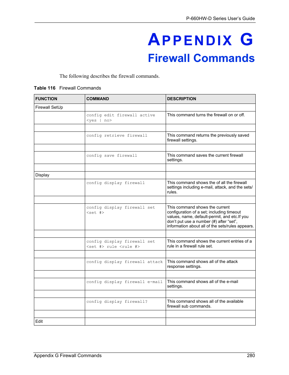 G. firewall commands, Appendix g firewall commands, Table 116 firewall commands | Firewall commands | ZyXEL Communications P-660HW-D Series User Manual | Page 281 / 339