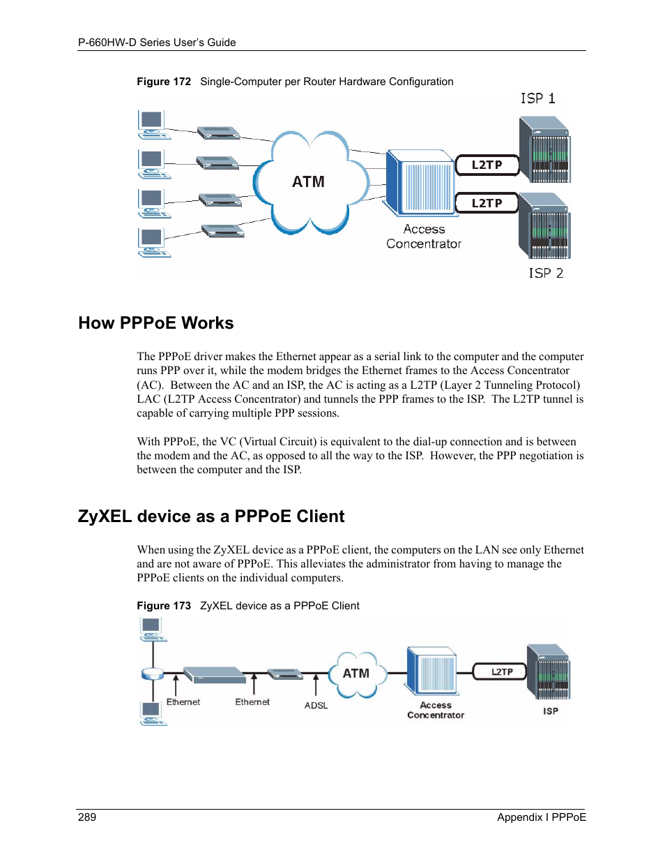 How pppoe works zyxel device as a pppoe client, How pppoe works, Zyxel device as a pppoe client | ZyXEL Communications P-660HW-D Series User Manual | Page 290 / 339