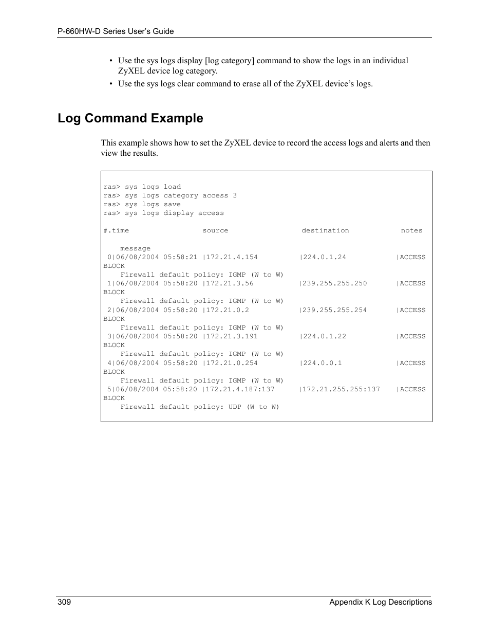 Log command example | ZyXEL Communications P-660HW-D Series User Manual | Page 310 / 339