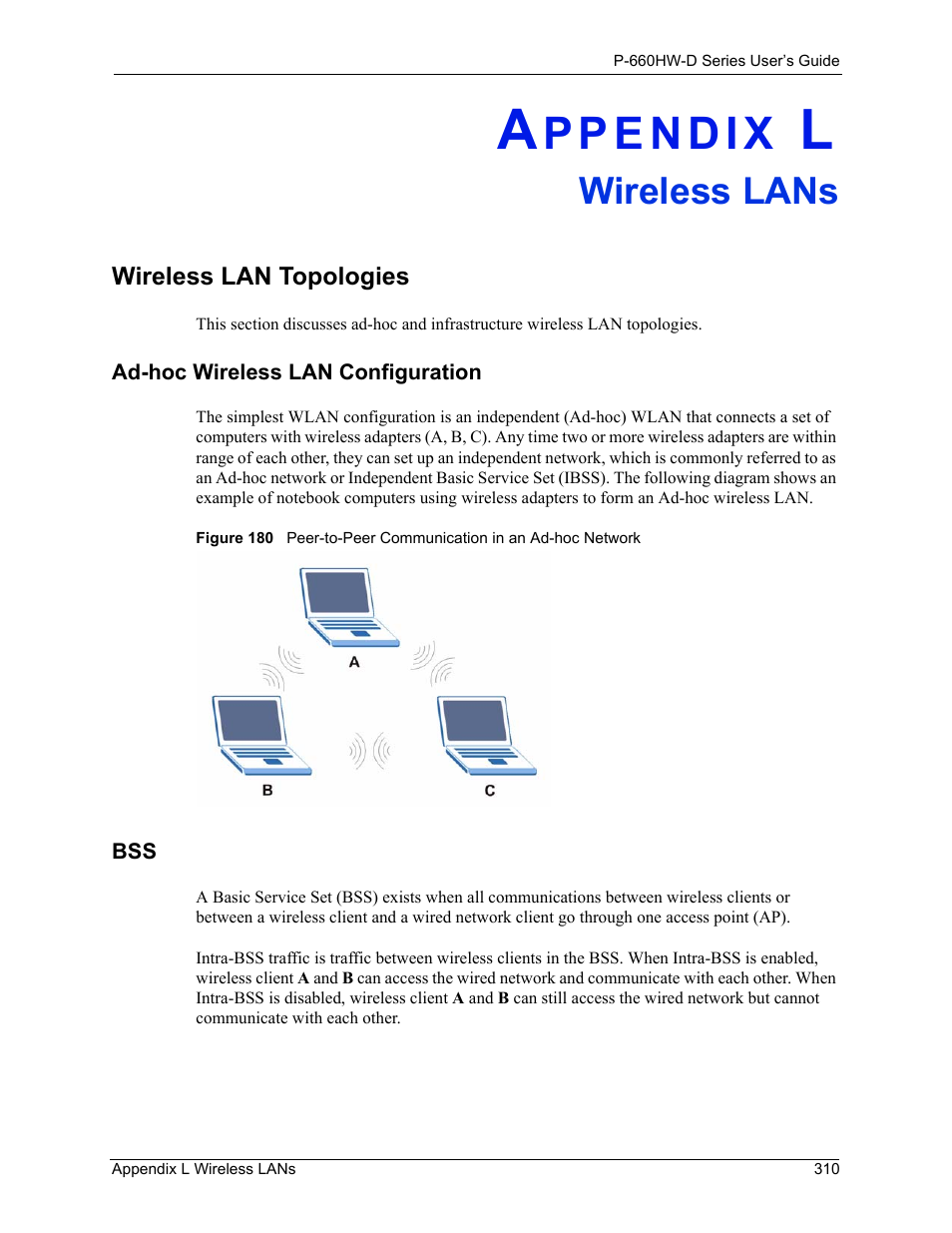 L. wireless lans, Appendix l wireless lans, Wireless lan topologies | Wireless lans | ZyXEL Communications P-660HW-D Series User Manual | Page 311 / 339