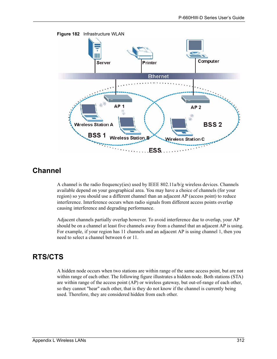 Channel rts/cts, Figure 182 infrastructure wlan, Channel | Rts/cts | ZyXEL Communications P-660HW-D Series User Manual | Page 313 / 339