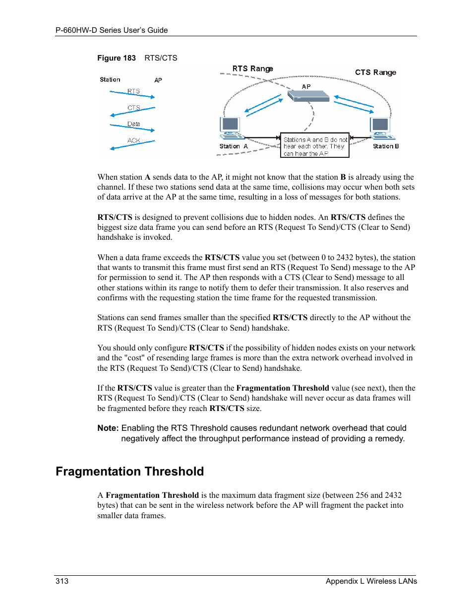 Fragmentation threshold, Figure 183 rts/cts | ZyXEL Communications P-660HW-D Series User Manual | Page 314 / 339