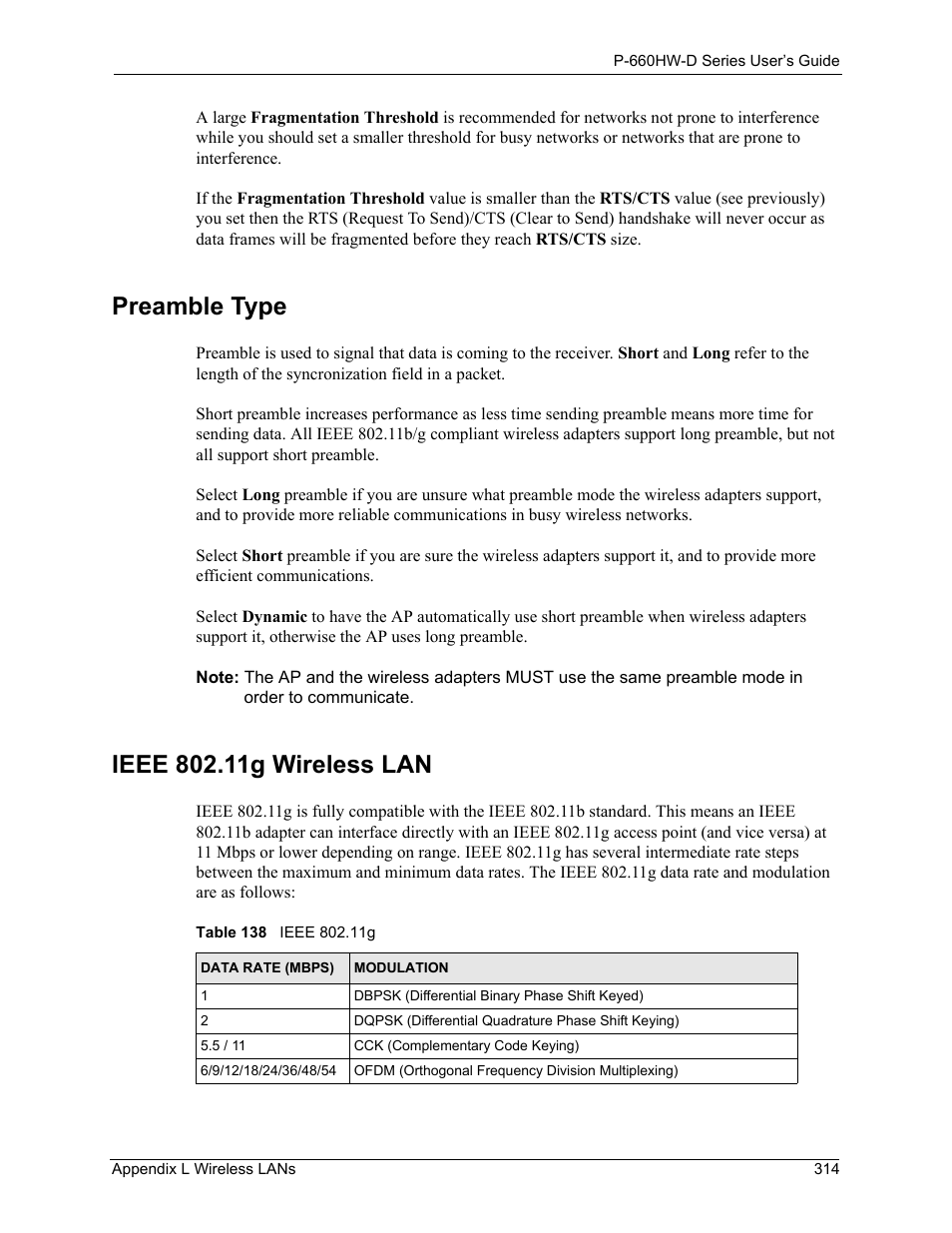 Preamble type ieee 802.11g wireless lan, Table 138 ieee 802.11g, Preamble type | ZyXEL Communications P-660HW-D Series User Manual | Page 315 / 339
